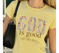 Crop top corto carino per ragazze adolescenti, stampa grafica floreale "Dio è buono", stile aderente a maniche corte, adatto per l estate, il ritorno a scuola e l uso casual quotidiano 6Y,7Y,8Y,9Y,10Y