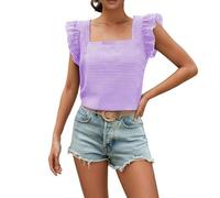 Crop Top da donna a quadri con scollo quadrato e maniche a balze, canotta chic ed elegante, stile morbido francese, top estivo da spiaggia casual, camicetta per viaggi urbani e uscite romantiche, 01