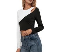 Crop Top da donna, slim fit, a coste, a maniche lunghe, patchwork, girocollo, casual, sexy, senza pancia, elegante, per il tempo libero, Nero , S