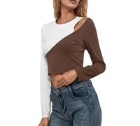 Crop Top da donna, slim fit, a coste, a maniche lunghe, patchwork, girocollo, casual, sexy, senza pancia, elegante, per il tempo libero, caffè, S