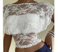 Crop top elegante e sexy da donna in pizzo e trasparente, adatto per uscite, appuntamenti, vacanze, matrimoni, lauree, spiagge, festa della mamma e altre occasioni L,M,S,XL,XSColore unicoTessuto in ma