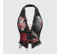 Crop top in denim senza maniche da donna, stile retrò motociclistico, con stampa di numeri, testo in inglese e bandiera britannica, adatto per il ritorno a scuola e lo stile universitario L,M,S,XSGeom