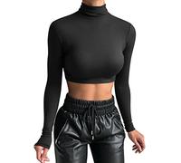 Crop Tops - Maglia da donna sexy a collo alto, a maniche lunghe, elasticizzata, aderente, basic slim fit, sportiva, casual, morbida, maglione corto, Nero , M