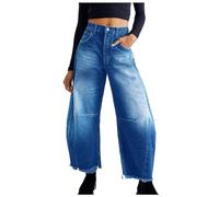 Cropped Raw Hem Boyfriend Jeans da donna Locker Barrel Jeans da donna Baggy Gamba larga vita Balloon Horseshoe Jeans Casual Streetwear Denim Pantaloni estivi, Blu, L