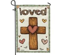 Cross - Bandiera da giardino, rustica disegnata a mano, con cuore e fiore primaverile, marrone su entrambi i lati, piccola bandiera da giardino per esterni, patio, prato, portico anteriore, balcone