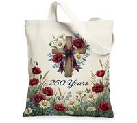 Cross Canvas Tote Bag per le donne, floreale rustico papaveri margherite celebrativo rosso lavabile riutilizzabile mercato Tote bag idee per, Rosso, 13x15 Inch