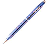 CROSS Century II - Penna a sfera Cherry Blossom (bastoncini da tratto M, colore inchiostro: nero, meccanismo a rotazione, con confezione regalo di alta qualità), vernice blu traslucida, raccordi in