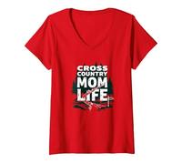 Cross Country Mom Life Proud Parent Runner Trail Forest Maglietta con Collo a V, Donna, Rosso, M