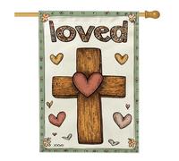 Cross House Flag, bandiera rustica disegnata a mano cuore fiore primavera marrone double face decorativo esterno portico bandiere per esterni patio cortile prato ingresso balcone 71 x 101 cm