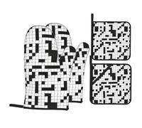 Crossword Puzzle Pattern Heat Resistant Oven Mitts and Pot Holders Set of 4-500°f Protection Utensil Pocket for Grilling, Baking, Cooking