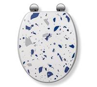 Croydex Tavoletta copri WC con cerniere Flexi-Fix, rivestimento antibatterico, legno durevole certificato FSC e adatto per padelle standard britanniche, bianco moderno con motivo terrazzo