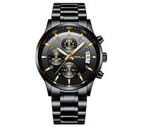 CRRJU Orologio da polso da uomo, alla moda, in acciaio inox, con data, impermeabile, cronografo, cinturino in acciaio nero, orologio al quarzo da uomo, Nero Nero Oro, Cronografi