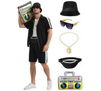 Crubelon Set da uomo in costume da hip hop anni '80 e '90, tuta da rapper, con accessori, stile retrò, per feste in maschera, street dance e jogging (nero, L)