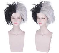 Cruella de vil cosplay parrucca mezza parrucca corta in bianco e nero costume costumi resistenti ai capelli sintetici uomini uomini parrucche da donna