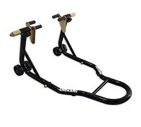 Cruizer - Cavalletto anteriore per moto di colore nero con attacchi a pinza, ruote sottostanti e barre laterali di rinforzo regolabili