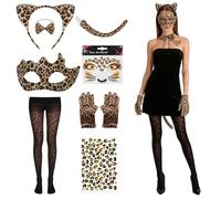 Crunier 8 Pezzi Costume da Leopardo Donna Carnevale, Pantaloni Leopardati Donna, con Leopardo Cerchietto, Gatto Coda Papillon, Maschera, Costume carnevale DonnaA, per Carnevale Halloween Party