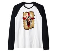 Crusader Cavalieri Templari Camicia Crociato Distressed Cross Maglia con Maniche Raglan