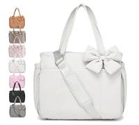Crush Bow Tote Bag for Women, Lightweight Puffy Quilted Bow Handbag Shoulder Bag, 23L, for Work, Gym, Travel (White)