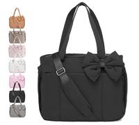 Crush Bow Tote Bag for Women, Lightweight Puffy Quilted Bow Handbag Shoulder Bag, 23L, for Work, Gym, Travel (Black)