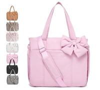 Crush Bow Tote Bag for Women, Lightweight Puffy Quilted Bow Handbag Shoulder Bag, 23L, for Work, Gym, Travel (Pink)
