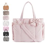 Crush Bow Tote Bag for Women, Lightweight Puffy Quilted Bow Handbag Shoulder Bag, 23L, for Work, Gym, Travel (Lotus Pink)