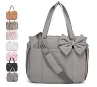 Crush Bow Tote Bag for Women, Lightweight Puffy Quilted Bow Handbag Shoulder Bag, 23L, for Work, Gym, Travel (Gray)