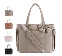 Crush Bow Tote Bag for Women, Lightweight Puffy Quilted Shoulder Bag, Large Stylish Handbag, for Women Shopping, Travel (Grayish Brown)