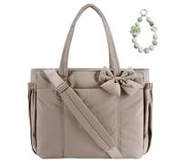 Crush Bow Tote Bag, Puffy Lightweight Purse for Women, Puffy Quilted Shoulder Bag, Fashion Tote with Bow for Daily Use Work Gym Grocery Trave (Taupe)