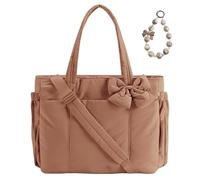 Crush Bow Tote Bag, Puffy Lightweight Purse for Women, Puffy Quilted Shoulder Bag, Fashion Tote with Bow for Daily Use Work Gym Grocery Trave (Brown)