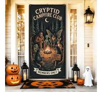 Cryptid Campfire Club Folklore Graphic Sasquatch - Copri porta, 91 x 183 cm | Illustrazione Sasquatch, striscione per porta d'ingresso, arte Mothman, scena del falò, tema folklore