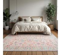 CRYPTOLITE Area Rug 4x6, Washable Faux Wool Throw Rugs for Living Room, Non Slip Low Pile Vintage Boho Carpet for Dining Room, Home Office, Bedroom, Kids Room, Bedside (Pink)