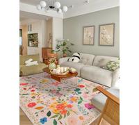 CRYPTOLITE Boho Washable Area Rug 6x9 for Living Room, Bedroom, Office, Playroom, Kitchen or Dining Room, Soft Floral Carpet for Indoor Use, Easy Care Non-Slip Design (Beige)