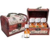 Crysalis Aromatherapy Essential Oil Gift Set - 6 x 15ml Bottles (Lavender, Peppermint, Eucalyptus, Orange, Tea Tree, Frankincense) in Vintage Wooden Box with Floral Design & Handle - Antique-Style