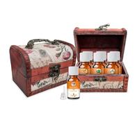 Crysalis Aromatherapy Essential Oil Gift Set - 6 x 15ml Bottles (Peppermint, Lavender, Eucalyptus, Tea Tree, Lemongrass, Orange) in Vintage Wooden Box with Floral Design & Handle - Antique-Style