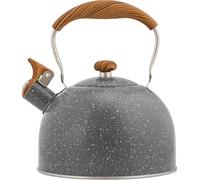 CRYSEU Teiera con manico in legno, nera, in acciaio inox for fornelli a gas, elettrici, a induzione e in ceramica, 2,5 L