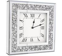 Crystal Crush Diamond Mirrored Square Wall Clock with Sparkle Twinkle Bling Diamond Decor for Wall Decoration, 12x12inch Decorative Silver Mirror Quartz Clock for Home Decor. AA Battery not included