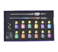 Crystal Dip Pen Starter Kit per adulti e principianti, 2 penne in vetro soffiato a mano con 10 colori vivaci in barattoli da 7 ml, ideale per la scrittura artistica