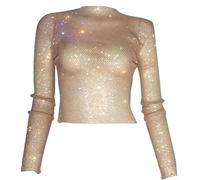 Crystal Perspective Crop Top Per Donna Scava Fuori Spiaggia Strass Glitter Rete Pesce Maglia Manica Lunga Maglia Girocollo, Skin color bianco dia, Taglia unica