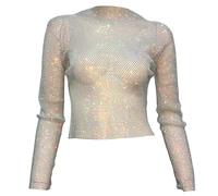 Crystal Perspective Crop Top Per Donna Scava Fuori Spiaggia Strass Glitter Rete Pesce Maglia Manica Lunga Maglia Girocollo, i, Taglia unica