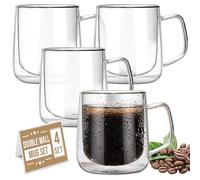 Crystalia - Set di 4 tazze da caffè in vetro a doppia parete da 300 ml, 100% senza piombo, isolate, per caffè, cappuccino, latte, latte, tè, latte, latte, con manico, tazze in vetro borosilicato per