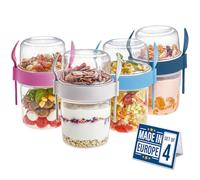 CRYSTALIA Take and Go - Set di 4 vasetti per yogurt senza BPA, con cucchiaio e forchetta, avena notturna, lavabili in lavastoviglie, per muesli da asporto, per macedonia di frutta, con coperchio,