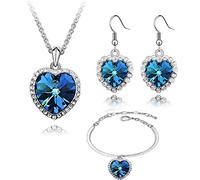 Crystalline Azuria Donna 18ct Placcato Oro Bianco Blu Cristalli Cuore dell'oceano Parure Collana con Ciondolo 45 cm Orecchini Gancetto Bracciale