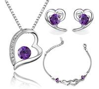 Crystalline Azuria Donna 18ct Placcato Oro Bianco Cuore Parure con Viola Cristalli di Zirconi Collana con Ciondolo 45 cm Orecchini a Lobo Bracciale