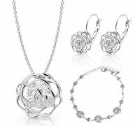 Crystalline Azuria Donna 18ct Placcato Oro Bianco Fiori Rose Cristalli Parure Collana Orecchini Monachella Bracciale