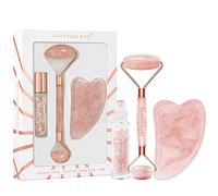 CRYSTALLOVE Set di rulli per il viso in quarzo rosa + pietra Gua Sha + cristalli di olio Rollon 10 ml - set per massaggio facciale per viso, occhi - massaggiatore