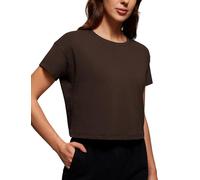 CRZ YOGA Da Donna Pima Cotone Allenamento Maglie a Manica Corta Sciolto Ritaglia Cime Atletico Palestra Camicia Marrone Caramello Caldo 46