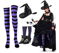 Csafyrt 1 Set Costume da strega di Halloween Include copriscarpe nere da strega, cappello e calzini alti al ginocchio a righe, access