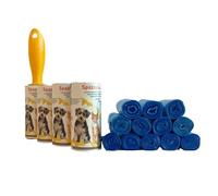 CSC - Kit Pulizia Animali, Spazzola Leva Pelucchi Adesiva con Manico Design e 3 Ricariche, Tot 144 Fogli Togli Peli e 240 Sacchetti Cane Cacca Antiodore, Resistenti e Impermeabili - 12 Rotoli 32x22 cm
