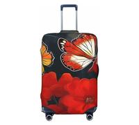 CSGJMYGS Copripagagli per valigie con fiori rossi e farfalle, lavabile, alla moda, elasticizzato, antigraffio, adatto per bagagli da 45-81 cm, grande, nero, L