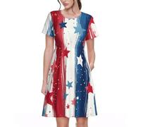 CSIVKEJ Abito da donna a maniche corte, scollo rotondo, abito casual plissettato, abito svasato, S-3XL, Stelle Rosse Blu 20, XXL